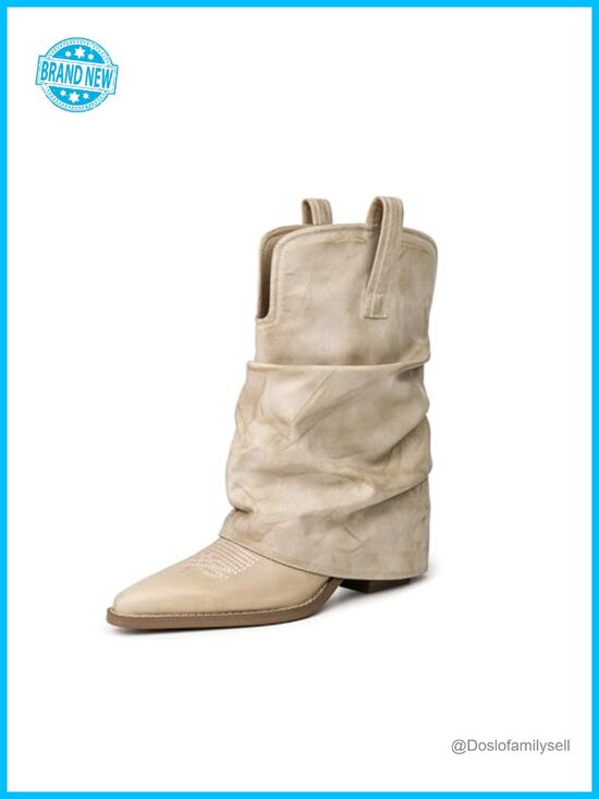 Shoes - Faux Leather Mid Calf Western Cowboy Boots Pointed Toe Slouchy Pull On